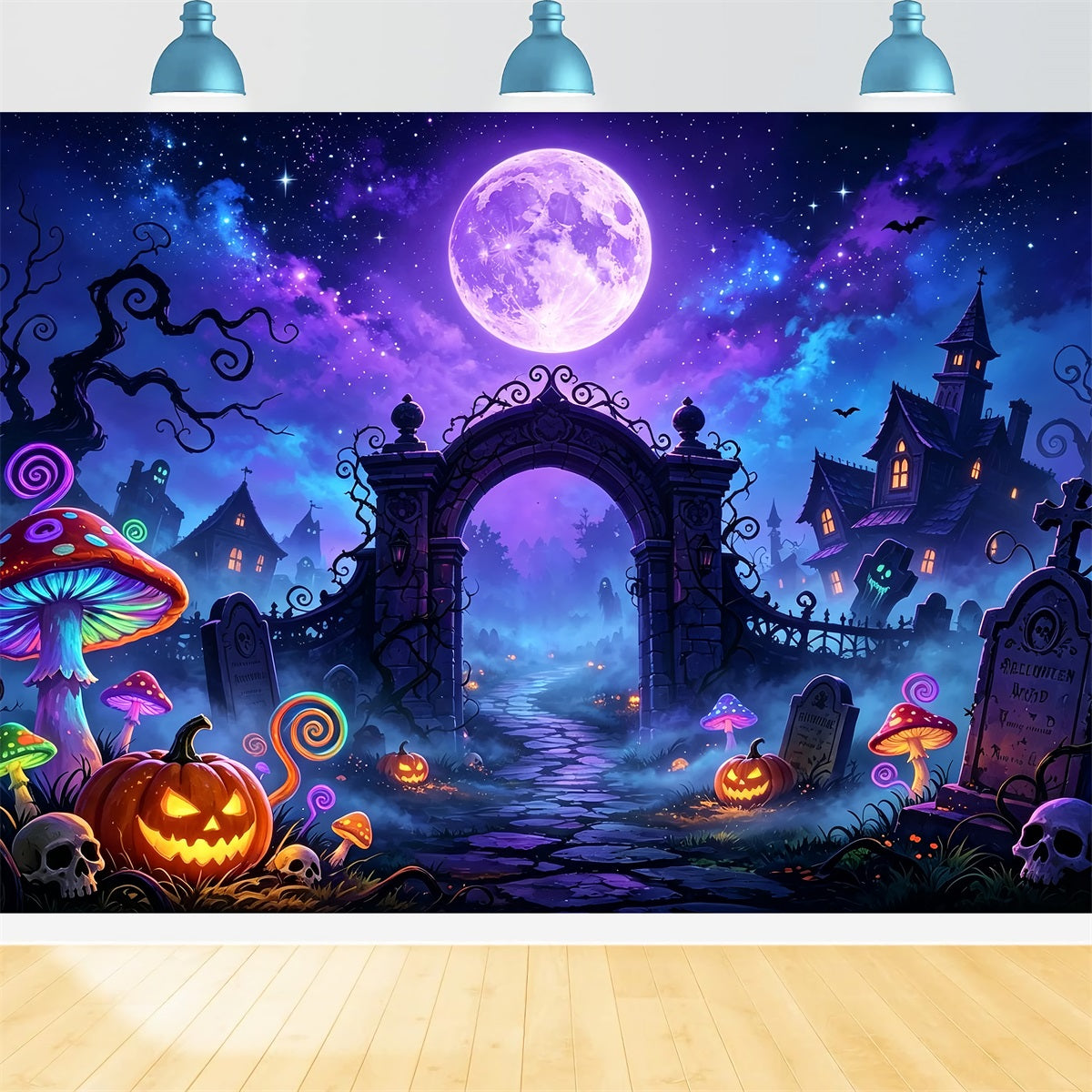 Décor De Grotte Aux Chauves-SourisLune NéonCimetière De ChampignonsDécor D'Halloween Pour Enfants ZTT67-64
