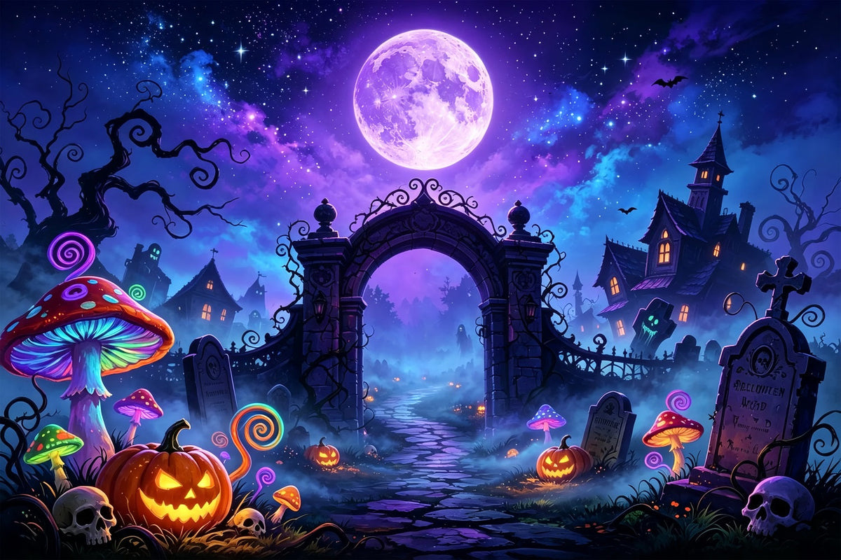 Décor De Grotte Aux Chauves-SourisLune NéonCimetière De ChampignonsDécor D'Halloween Pour Enfants ZTT67-64