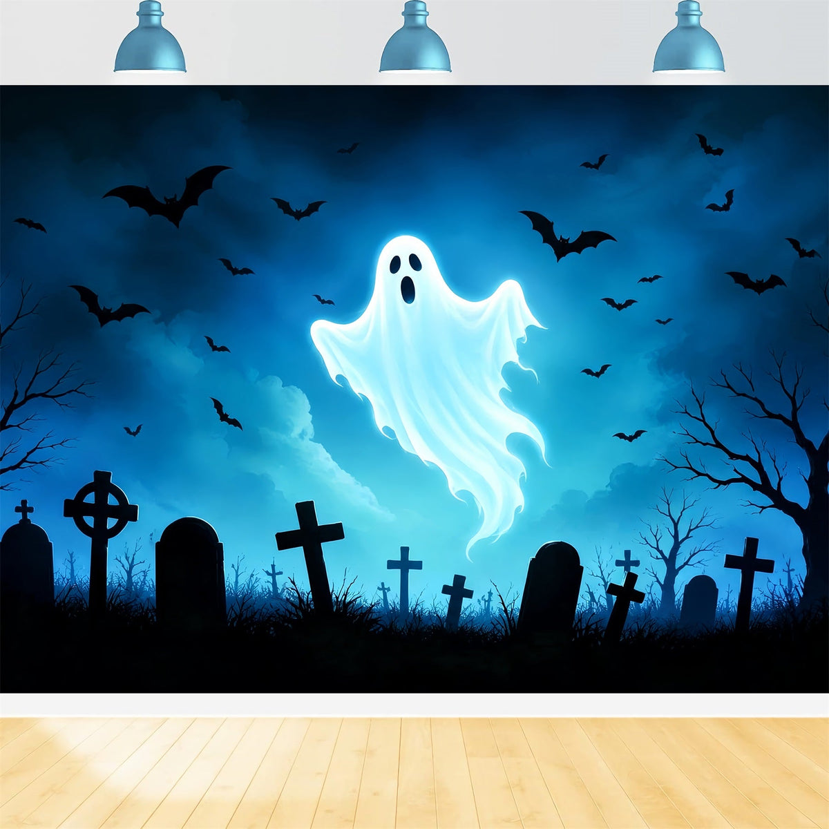 Décor De Fond En Vitrail Fantôme Cimetière De Chauves-Souris Fantômes Lumineux Décors D'Halloween Sympas ZTT67-66