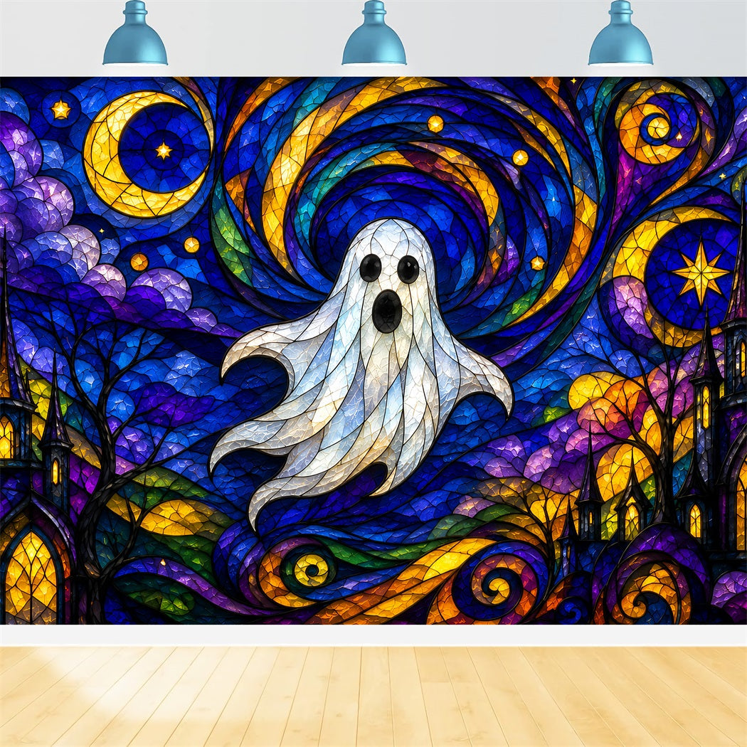 Tapisserie Décorative En Vitrail FantômeFond Clair De Lune Adorable Fantôme Pour Photomaton D'Halloween ZTT67-68