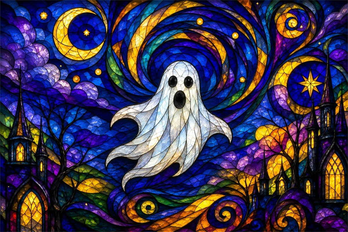 Tapisserie Décorative En Vitrail FantômeFond Clair De Lune Adorable Fantôme Pour Photomaton D'Halloween ZTT67-68
