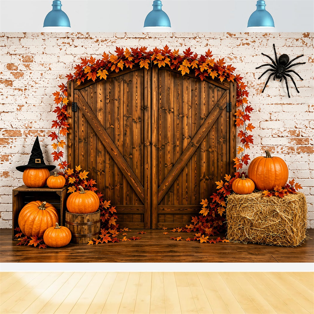 Fond De Décor Pour Photos D'Identité Judiciaire D'Halloween Citrouille Rustique Porte De GrangeVinyle ZTT67-69