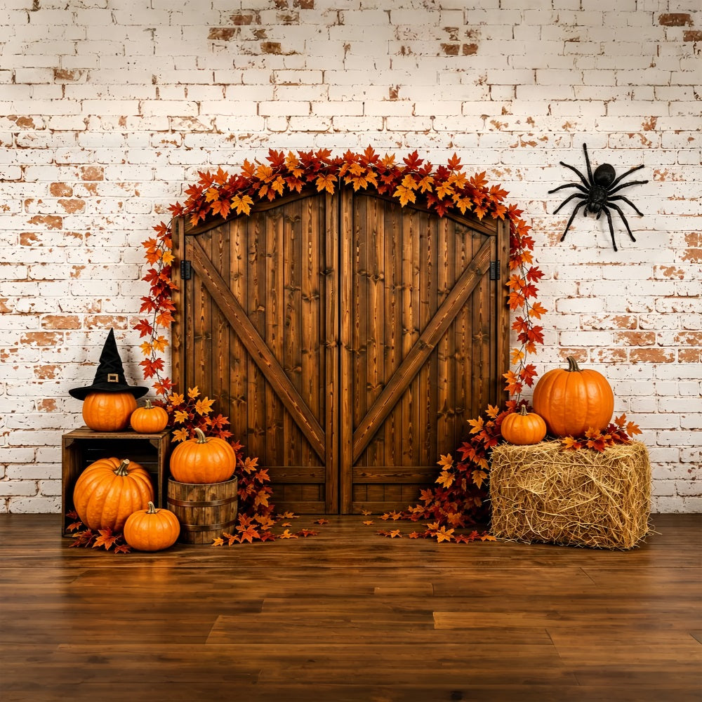 Fond De Décor Pour Photos D'Identité Judiciaire D'Halloween Citrouille Rustique Porte De GrangeVinyle ZTT67-69