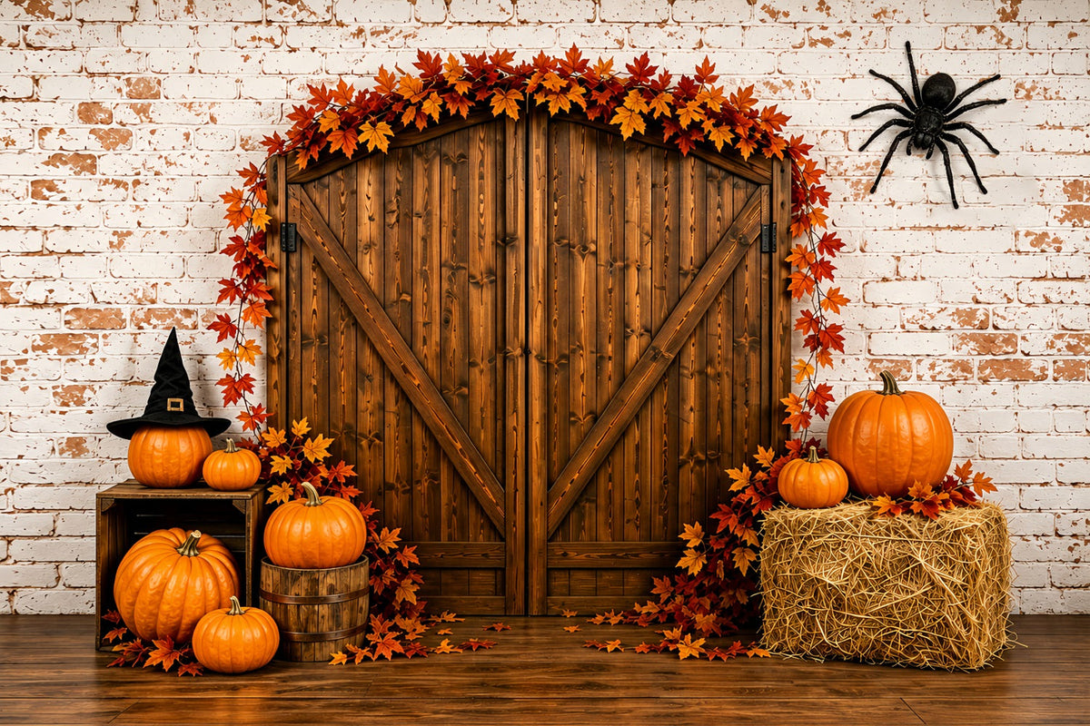Fond De Décor Pour Photos D'Identité Judiciaire D'Halloween Citrouille Rustique Porte De GrangeVinyle ZTT67-69