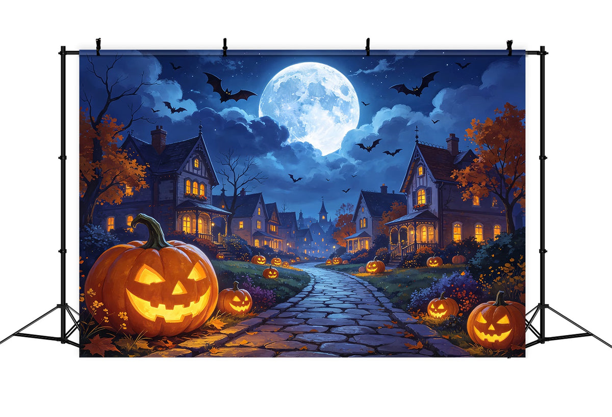 Toiles De Fond Photographiques Halloween Moonlight Pumpkin Village Road Halloween Town Backdrop ZTT67-7