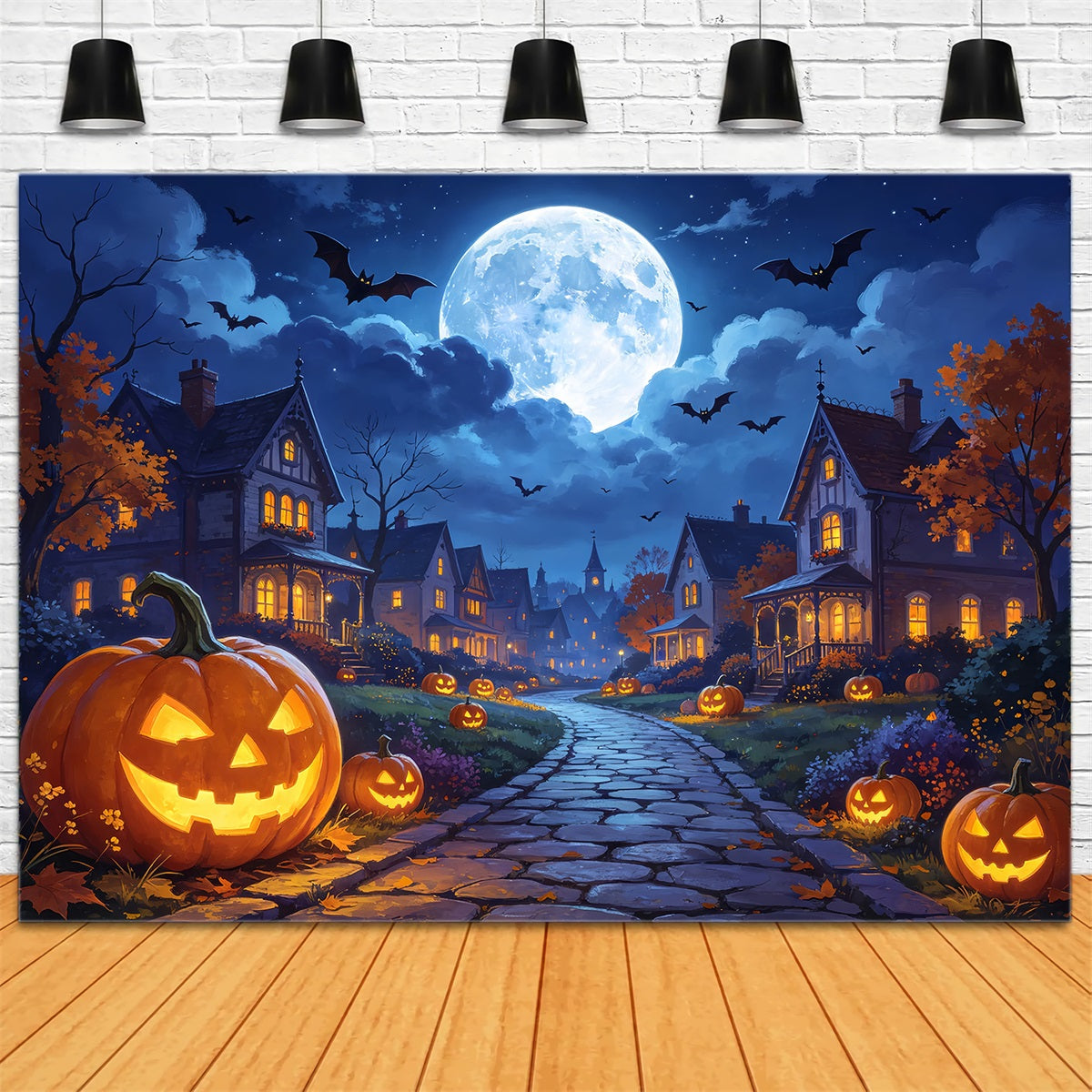 Toiles De Fond Photographiques Halloween Moonlight Pumpkin Village Road Halloween Town Backdrop ZTT67-7