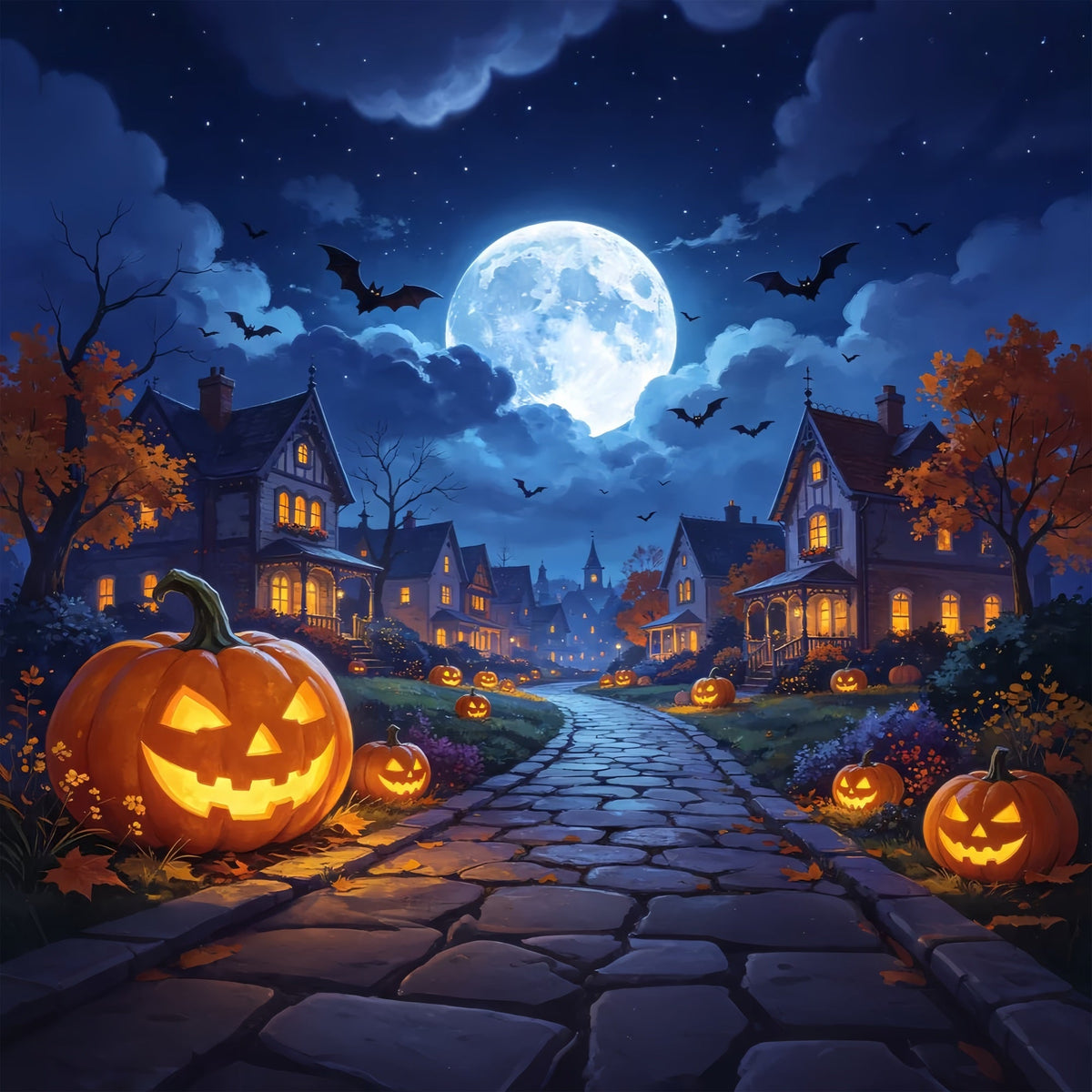 Toiles De Fond Photographiques Halloween Moonlight Pumpkin Village Road Halloween Town Backdrop ZTT67-7