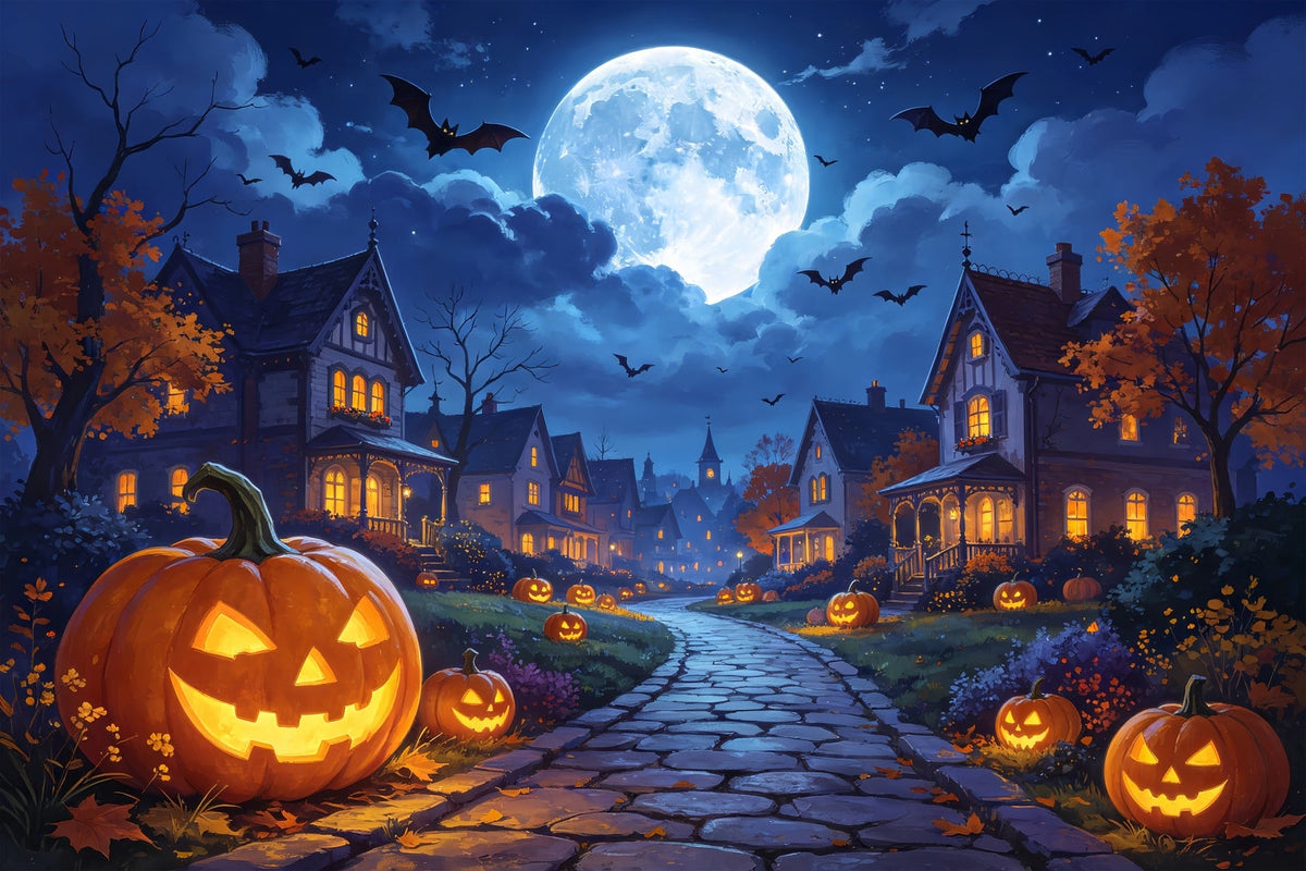 Toiles De Fond Photographiques Halloween Moonlight Pumpkin Village Road Halloween Town Backdrop ZTT67-7