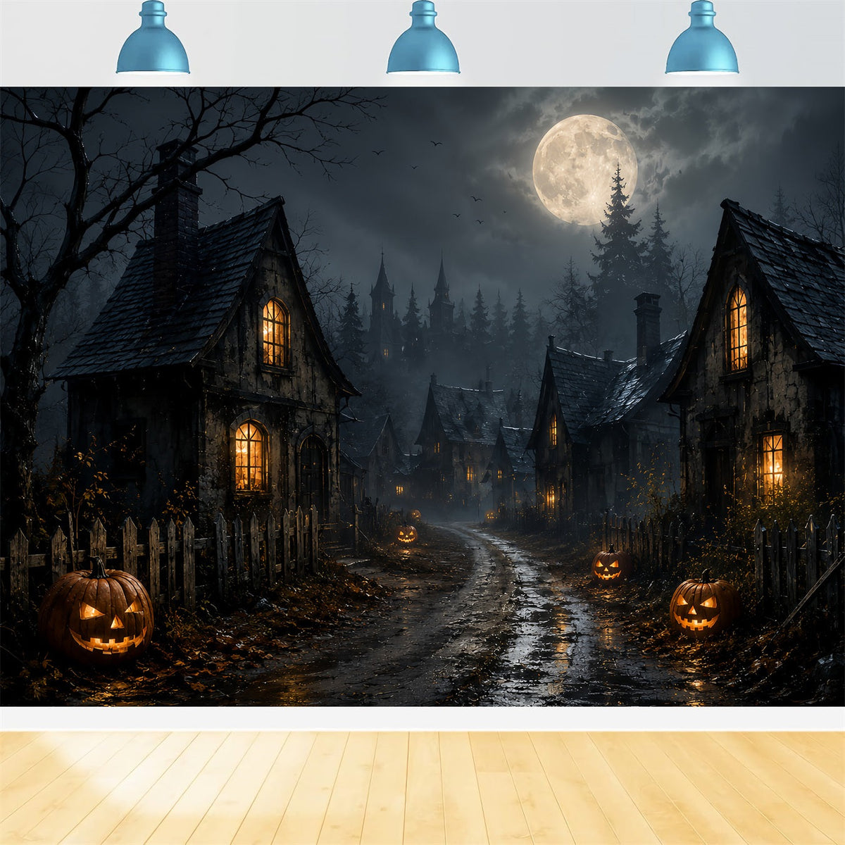 Décor De Village Fantôme En Vitrail Au Clair De Lune Avec Citrouil les Route Lemax Spooky Town ZTT67-70