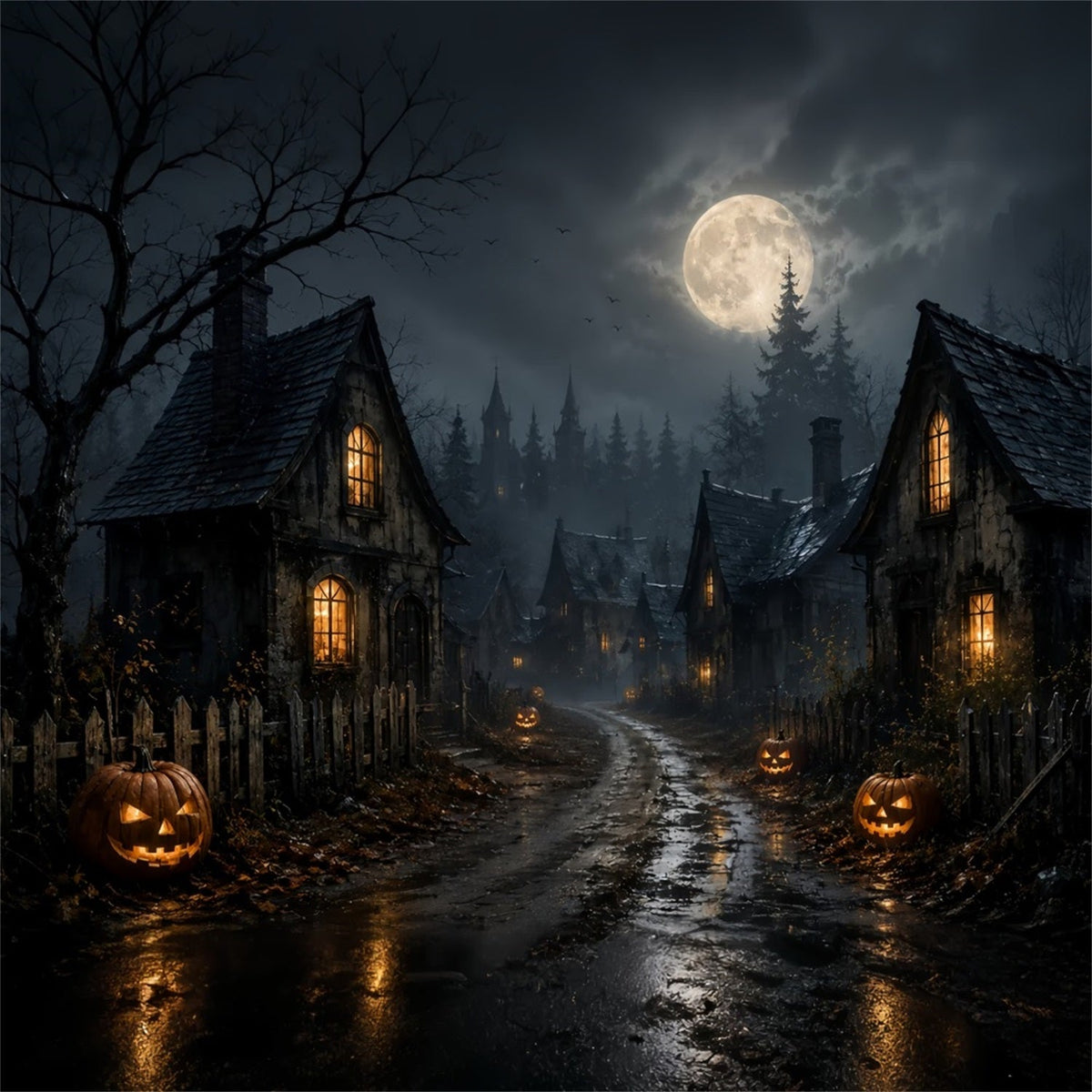 Décor De Village Fantôme En Vitrail Au Clair De Lune Avec Citrouil les Route Lemax Spooky Town ZTT67-70