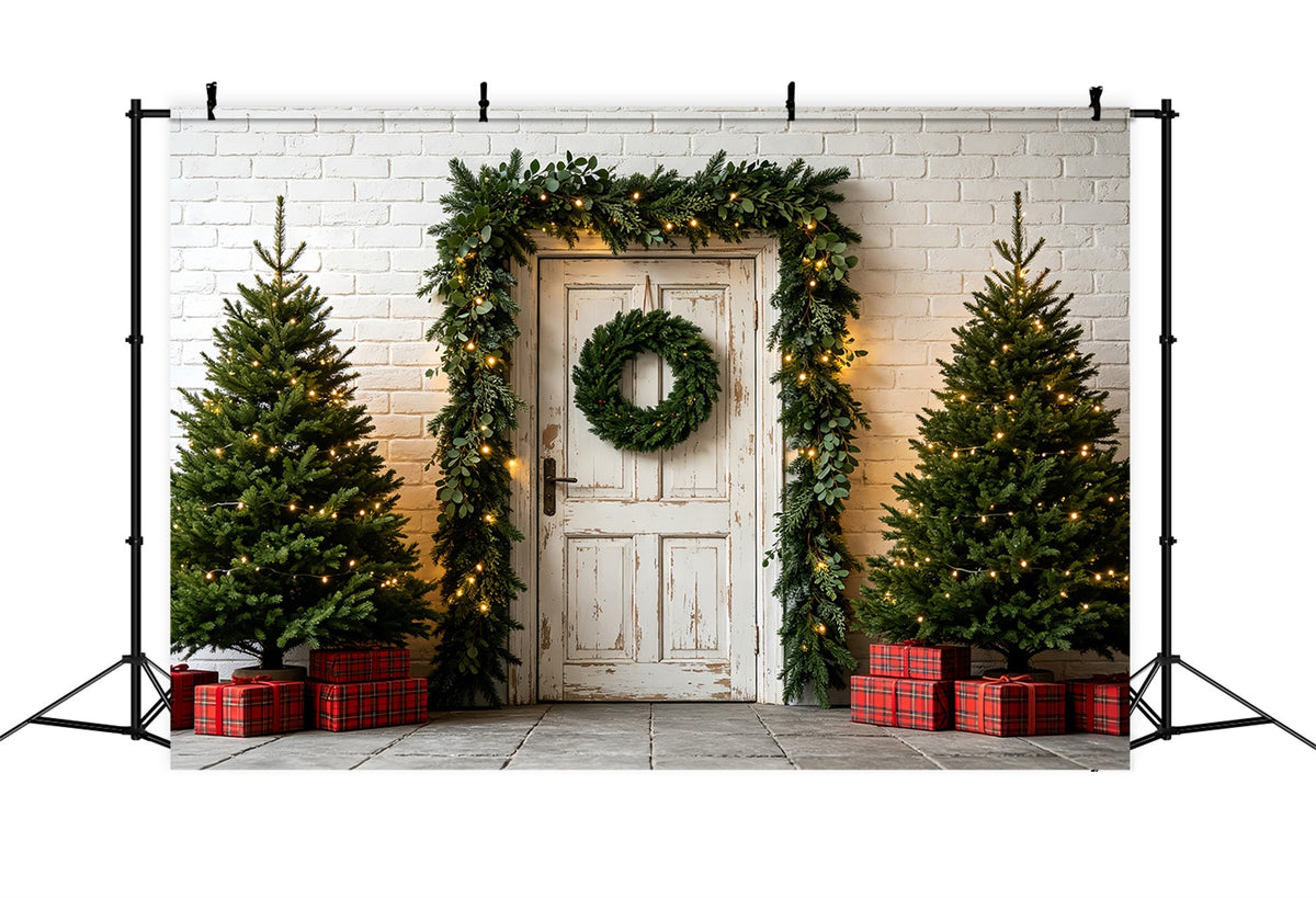 Décor De Verdure De Noël Entrée Avec Guirlande De Porte Blanche Décors Photographiques De Noël ZTT69-47
