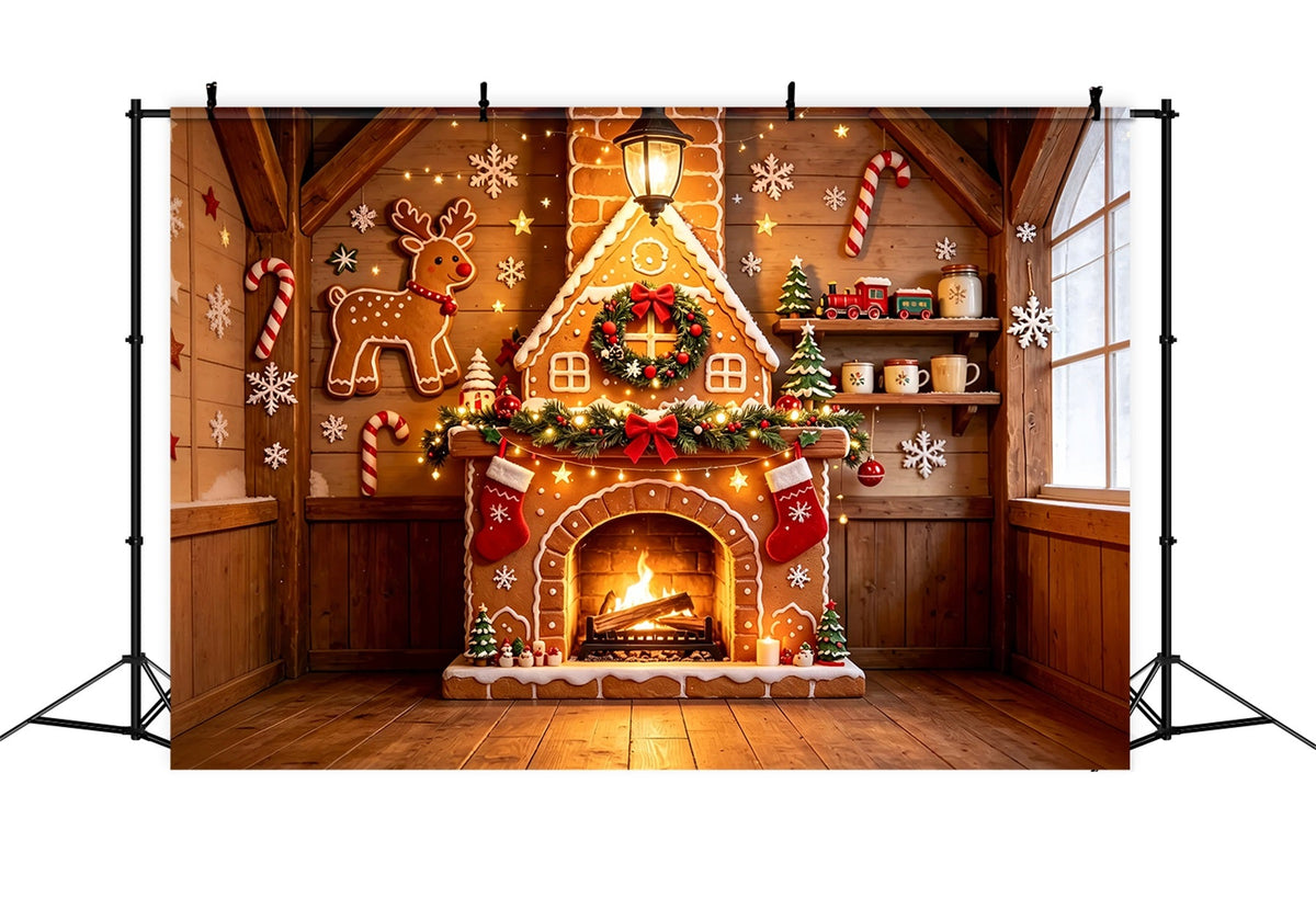 Décor De Noël En Pain D'Épice Chalet En Bois Avec Cheminée Fond Mural De Noël ZTT69-7
