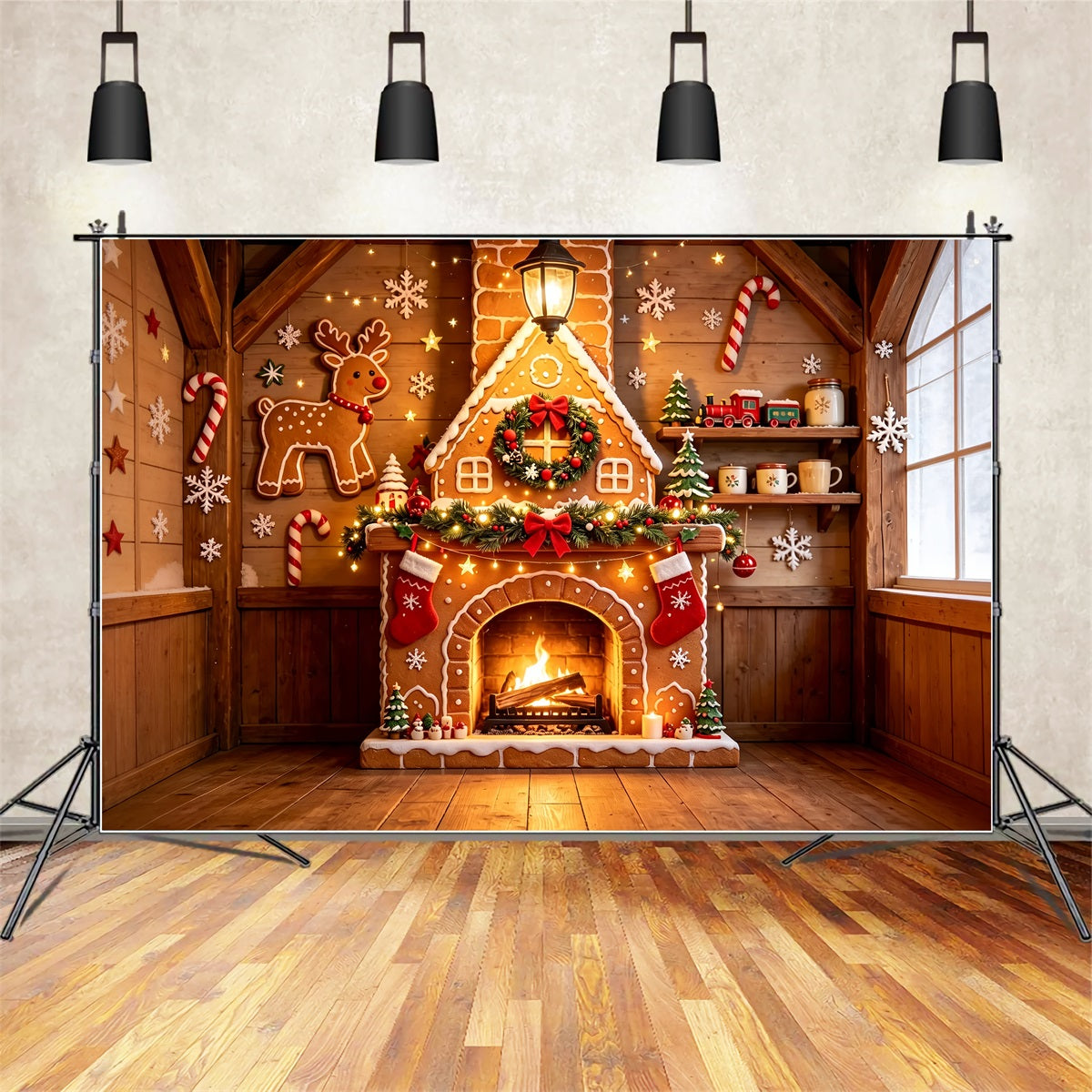 Décor De Noël En Pain D'Épice Chalet En Bois Avec Cheminée Fond Mural De Noël ZTT69-7