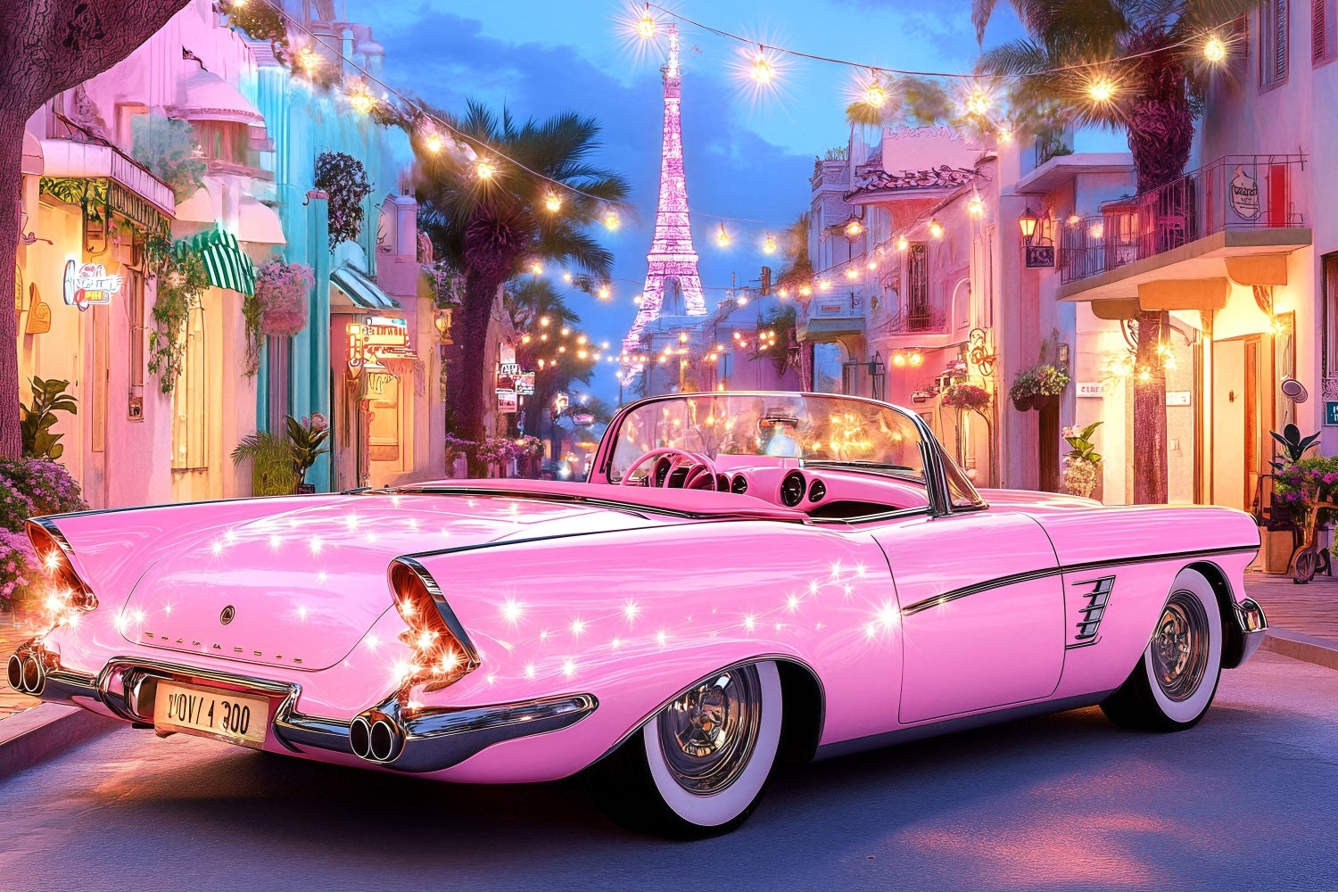 Toile de fond Été Voiture Rose Tour Eiffel Lumières ZXY3-20