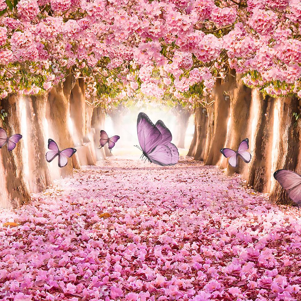 Arbre à Fleurs Rose Avec Toile De Fond De Papillons S-2719
