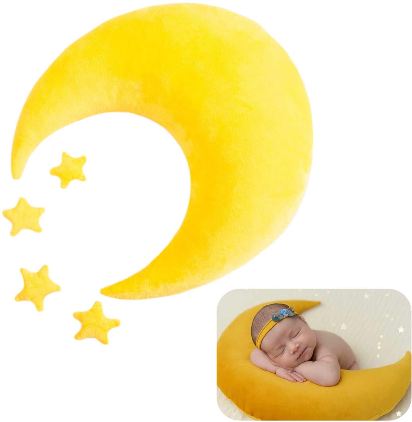1+4pcs Nouveau-né Bébé Photographie Accessoire Toile de Fond Croissant de Lune Étoile en Peluche Oreiller Ensemble