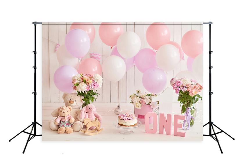 Toile de fond de1er anniversaire Fondations ballons gâteau rose photographie D283
