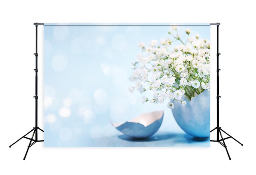 Blue Easter Egg White Little Flowers Backdrop for Photo Shoot D557