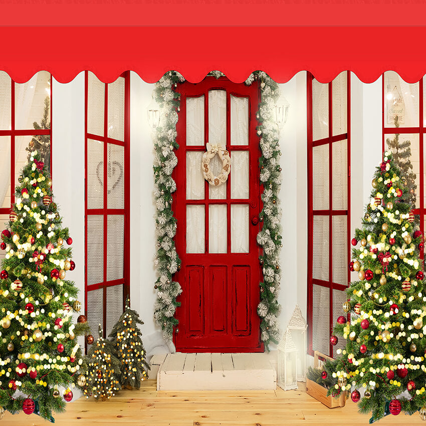 Porte de magasin de Noël Toile de fond d'arbre étincelant D935