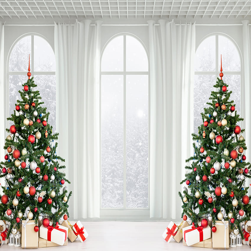 Arbre de Noël Coffret Cadeau Fenêtre Neige Toile de Fond D976