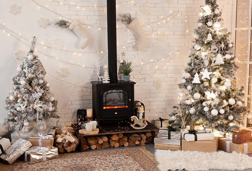 Fond De Décoration De Maison Blanche De Sapin De Noël De Cheminée Gx-1060