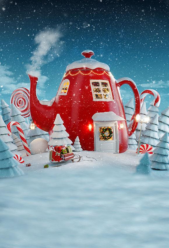 Toile de fond de Noël nuit maison de thé neige Photo Shoot LV-983