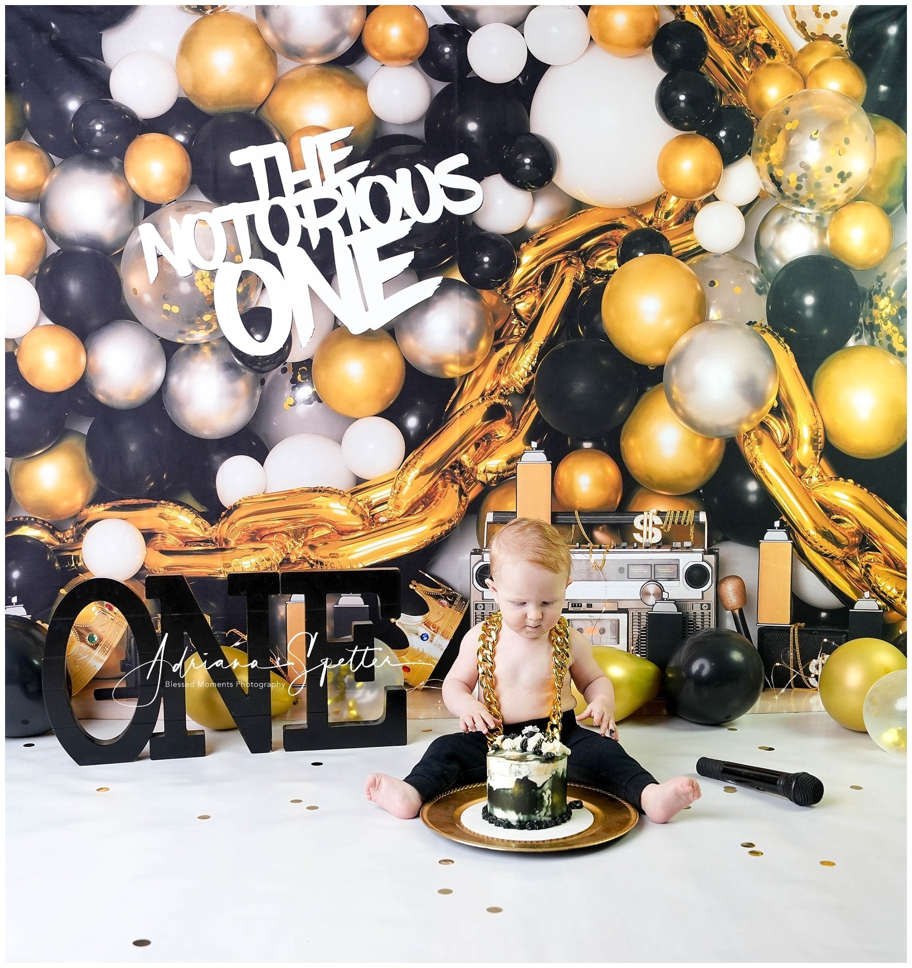 Fond pour cake smash Ballons dorés et noirs Fond pour 1er anniversaire MRR10-43