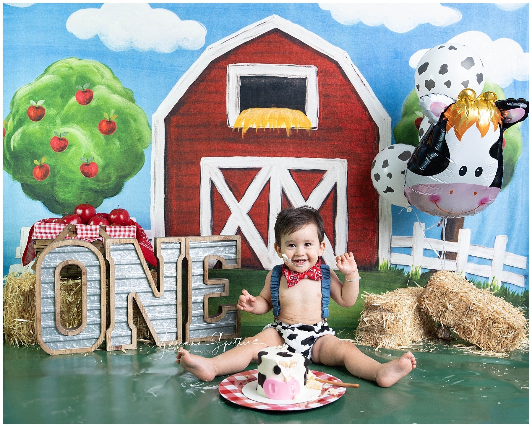 Fond pour cake smash « Grange rouge et pommiers » Fond photo d'anniversaire MRR10-17
