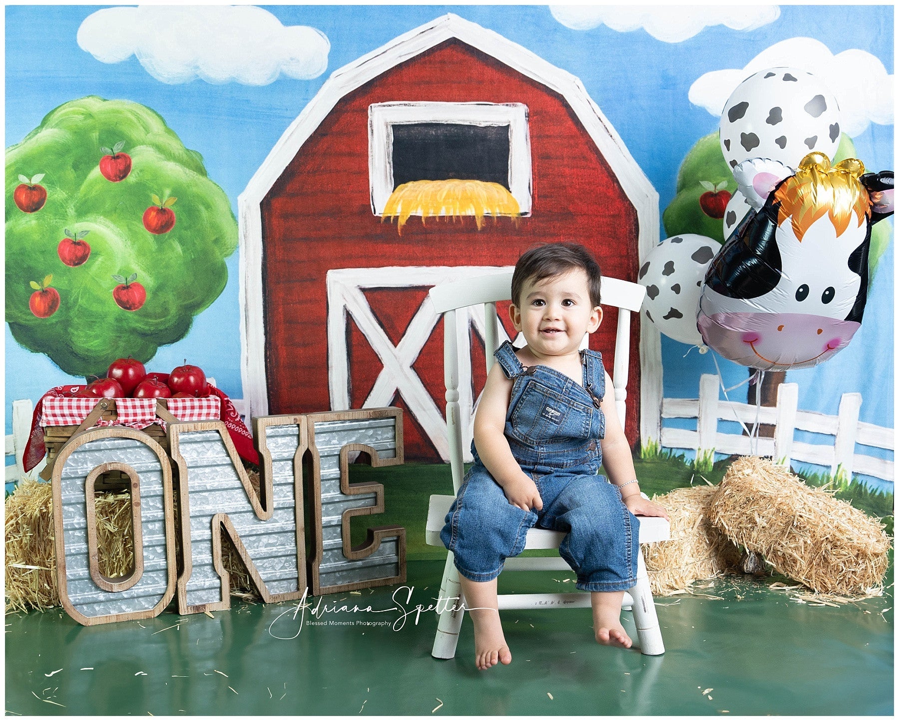 Fond pour cake smash « Grange rouge et pommiers » Fond photo d'anniversaire MRR10-17