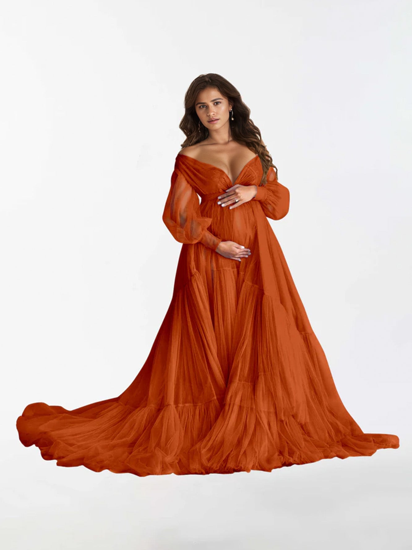 Robe de maternité à manches longues à volants et col en V pour la photographie RB3