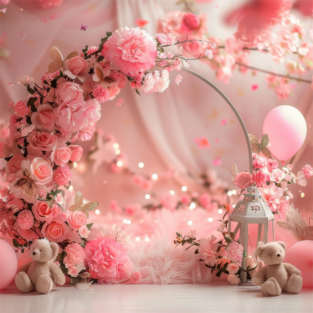 Toile de Fond St-Valentin Arche Florale Rêveuse de Fleurs et Ours BRP1-113