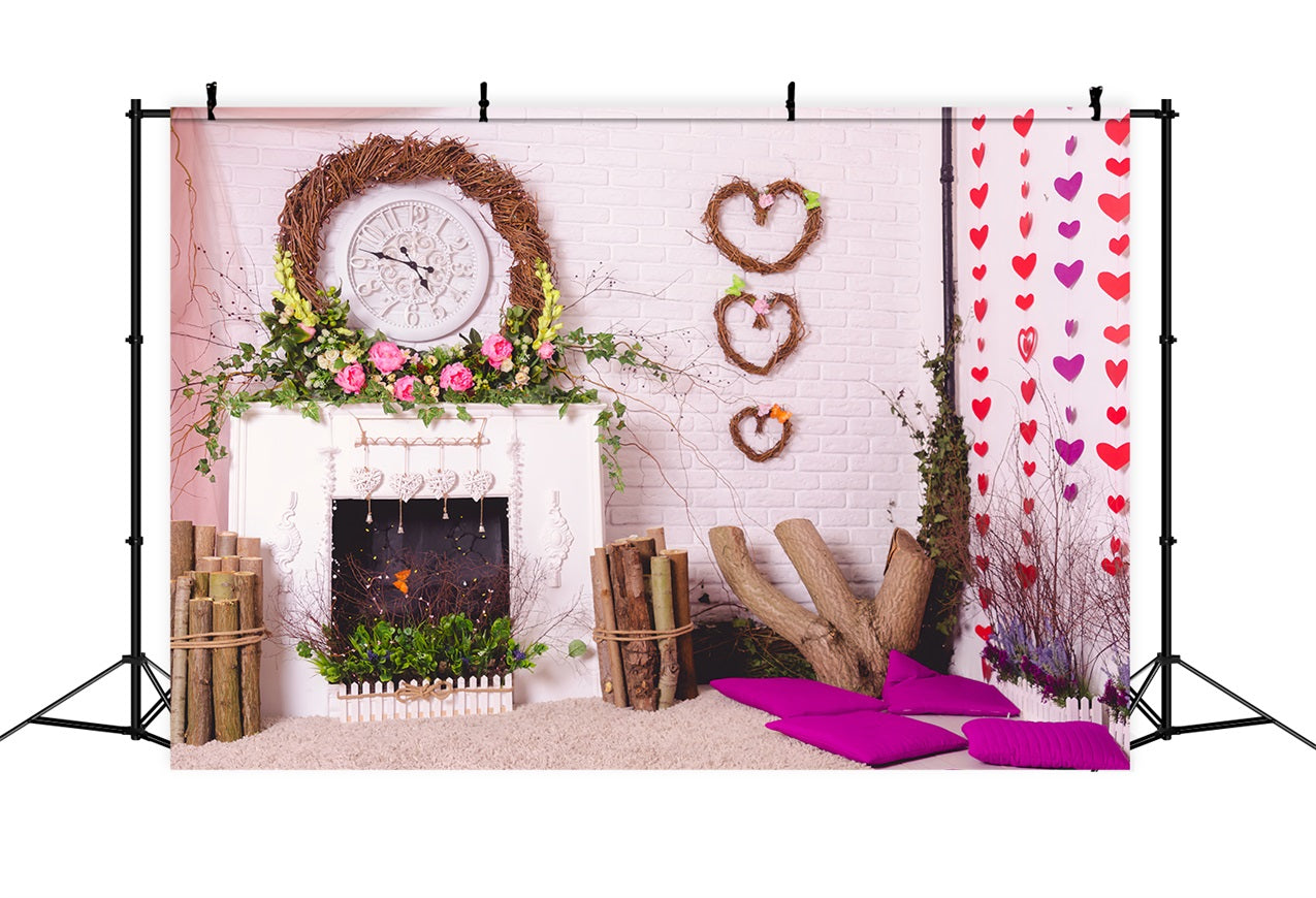 Toile de Fond St-Valentin Cheminée Couronne de Fleurs BRP1-140
