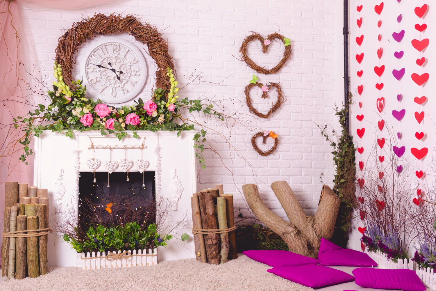 Toile de Fond St-Valentin Cheminée Couronne de Fleurs BRP1-140