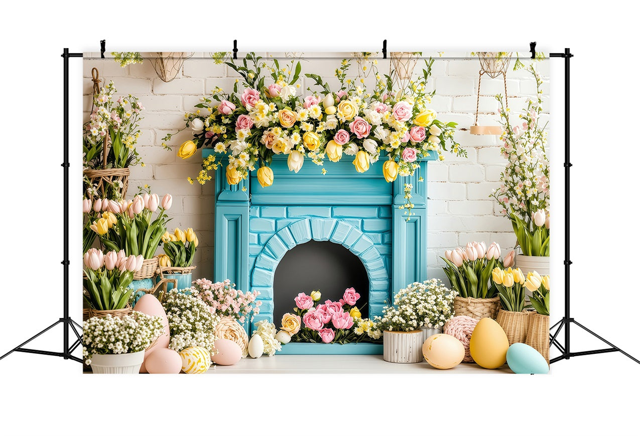 Fond Studio Photo Pâques Cheminée Printemps Panier Œufs BRP1-217