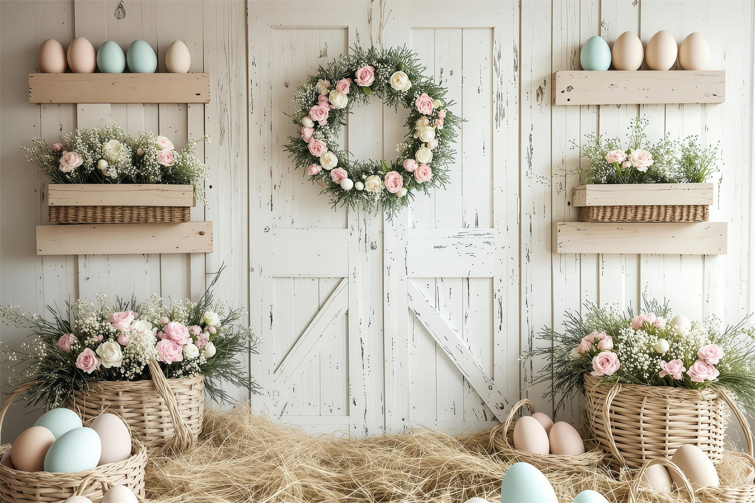 Toile de fond Déco Pâques Ferme Rustique Fleurs BRP1-278