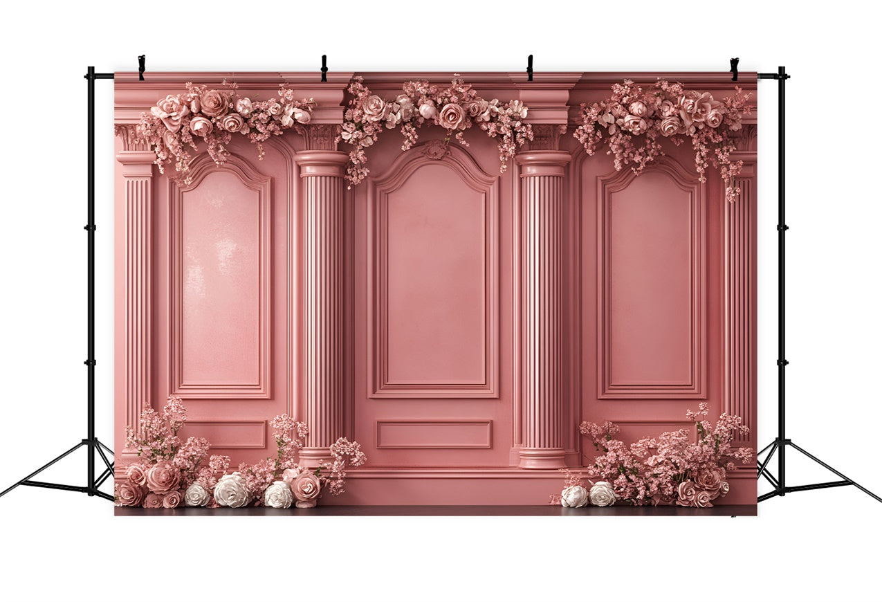 Toile de fond Boudoir Colonnes Roses Ornées Fleurs BRP1-442