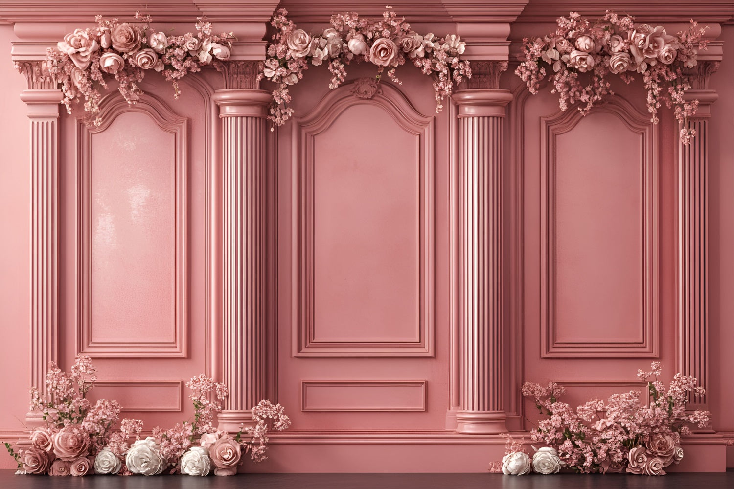 Toile de fond Boudoir Colonnes Roses Ornées Fleurs BRP1-442