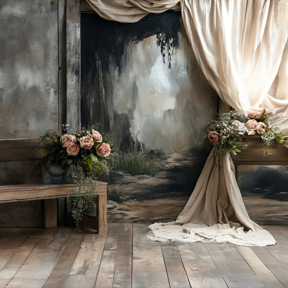 Toile de fond Boudoir Chemin Forêt Fleurs Rustiques BRP1-464
