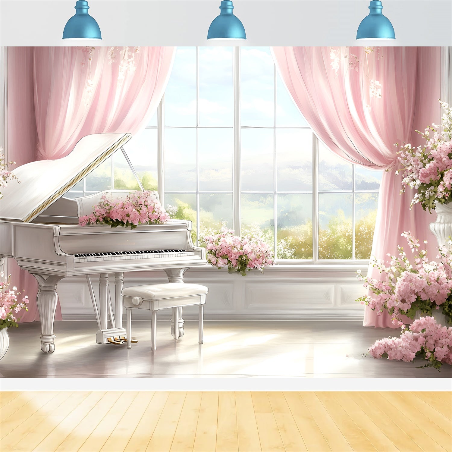 Toile de fond Boudoir Fenêtre Piano Scène Florale BRP1-475