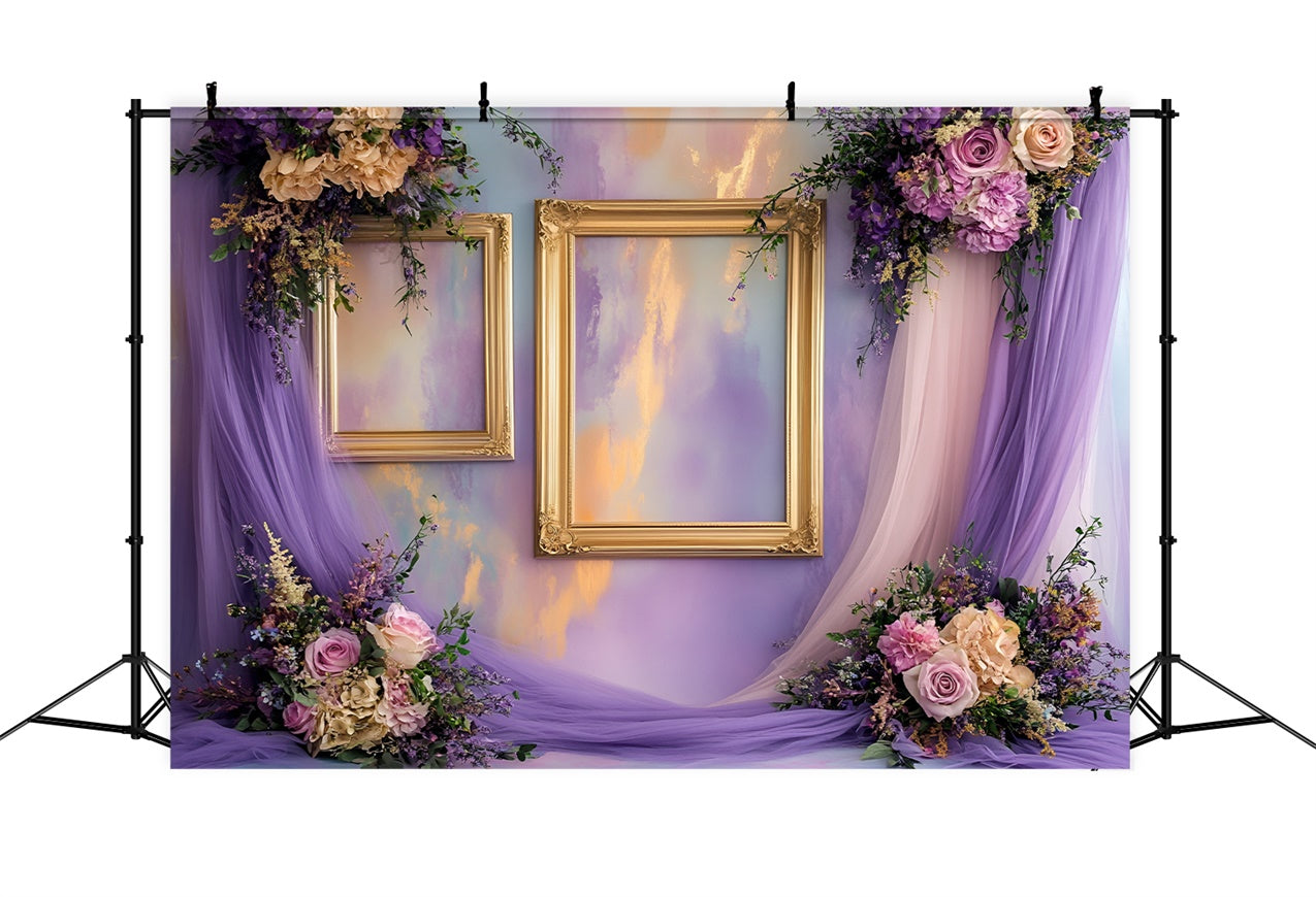 Toile de fond Boudoir Cadres Dorés Fleurs Violettes BRP1-481
