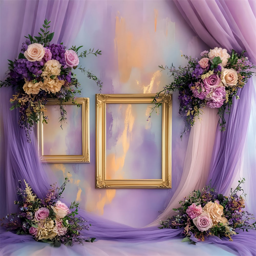 Toile de fond Boudoir Cadres Dorés Fleurs Violettes BRP1-481