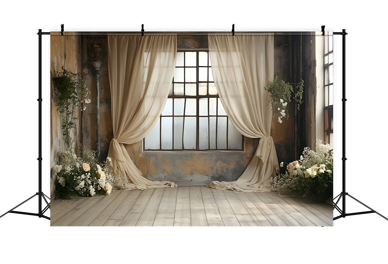 Toile de fond Boudoir Fenêtre Rideaux Beiges Fleurs BRP1-488