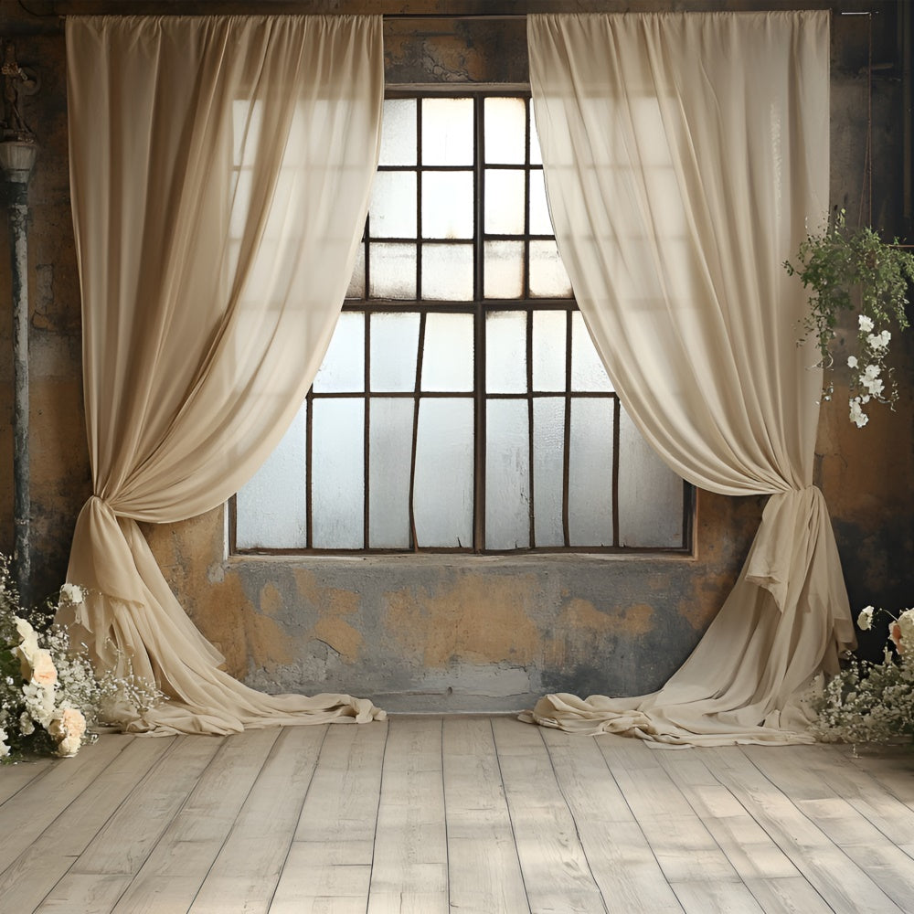 Toile de fond Boudoir Fenêtre Rideaux Beiges Fleurs BRP1-488