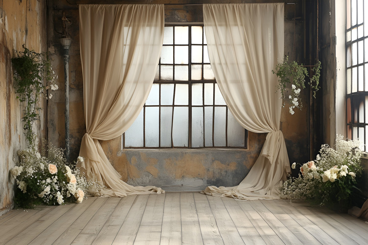 Toile de fond Boudoir Fenêtre Rideaux Beiges Fleurs BRP1-488