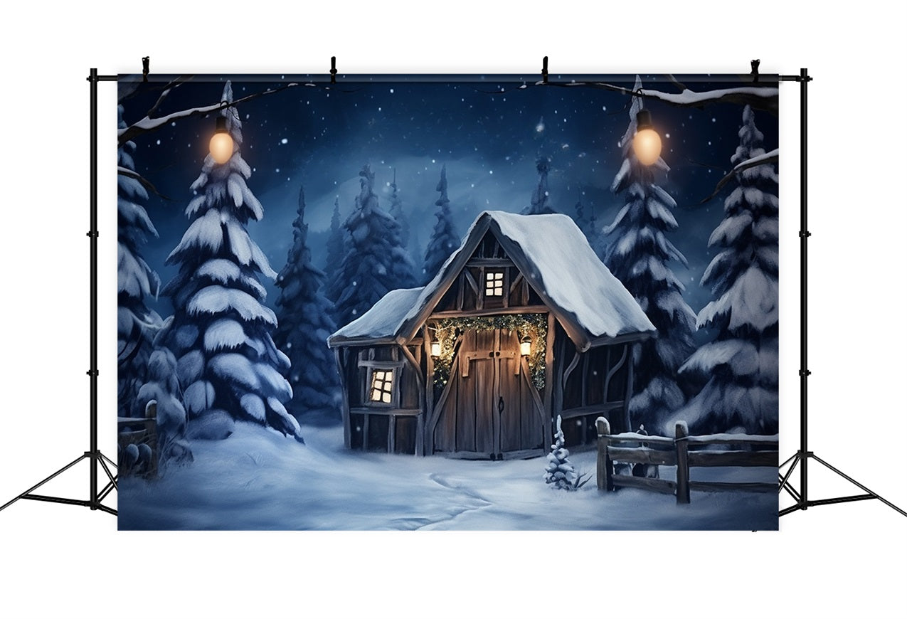 Toile de fond Cabane rustique au milieu des pins enneigés BRP10-10