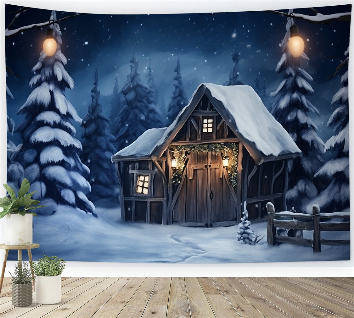 Toile de fond Cabane rustique au milieu des pins enneigés BRP10-10