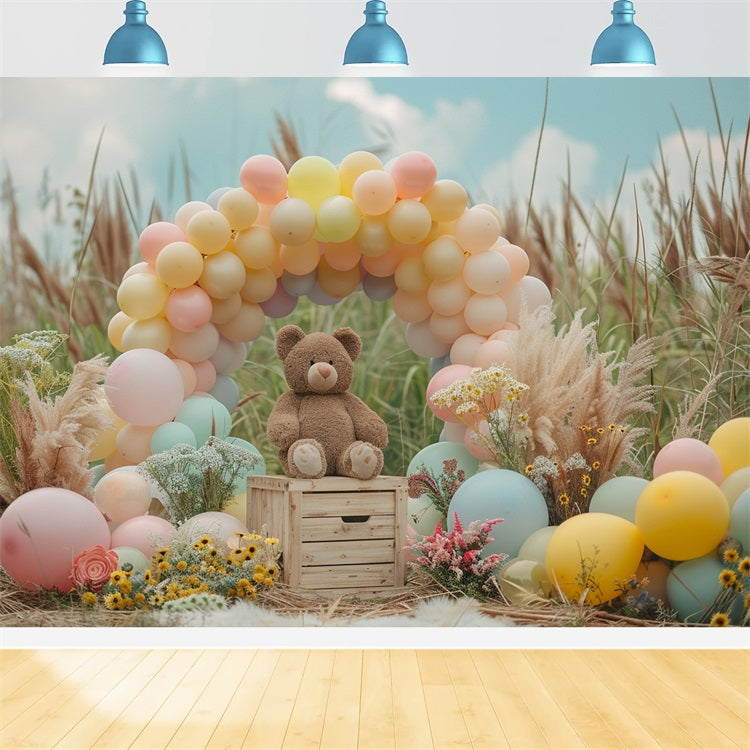 Toile de fond Arche de ballons pastel ours en peluche bohème BRP10-107