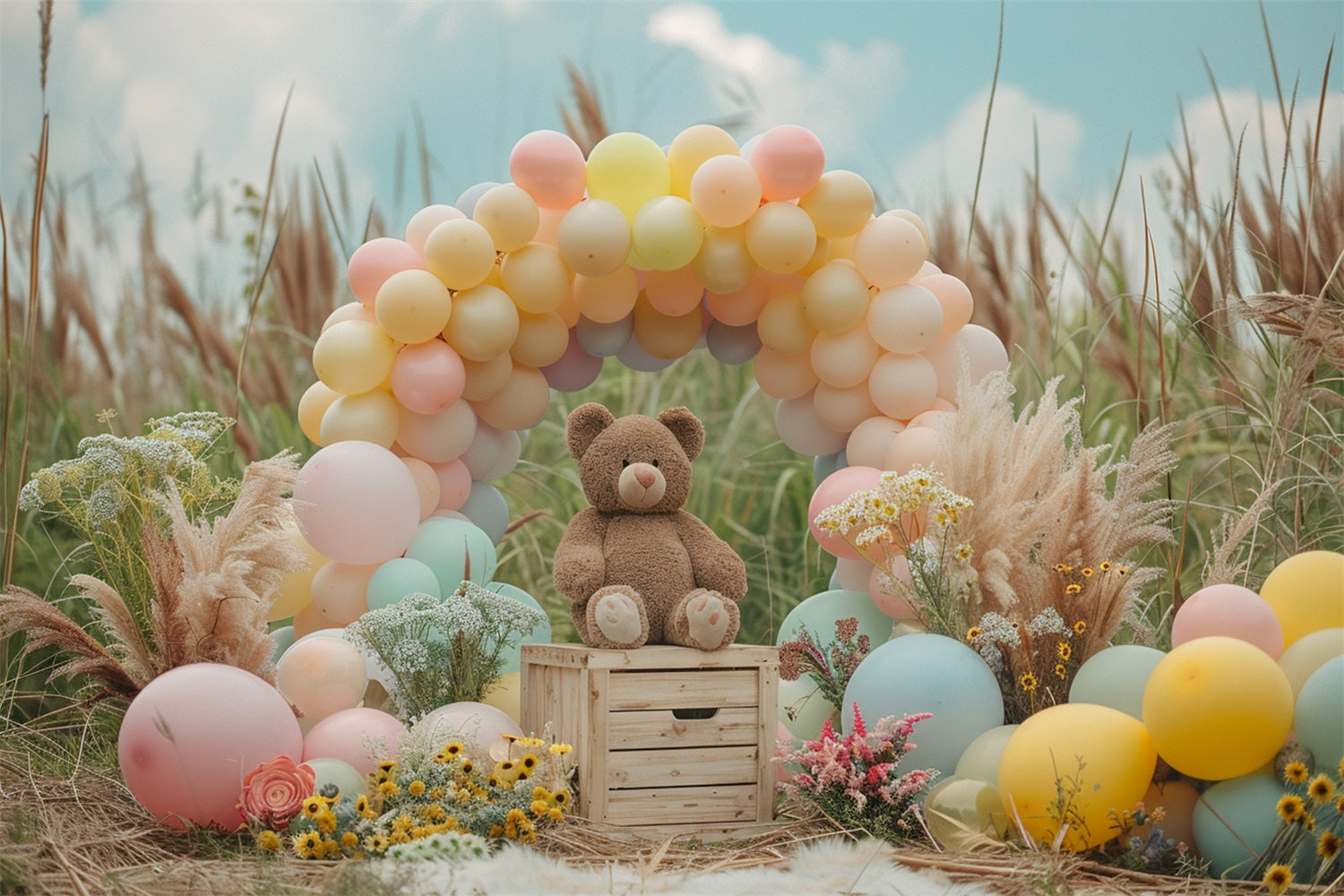 Toile de fond Arche de ballons pastel ours en peluche bohème BRP10-107