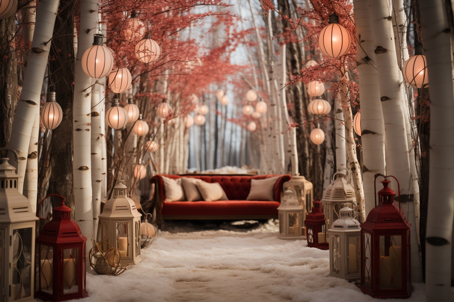 Toile de fond Canapé douillet au milieu des bouleaux illuminés BRP10-2