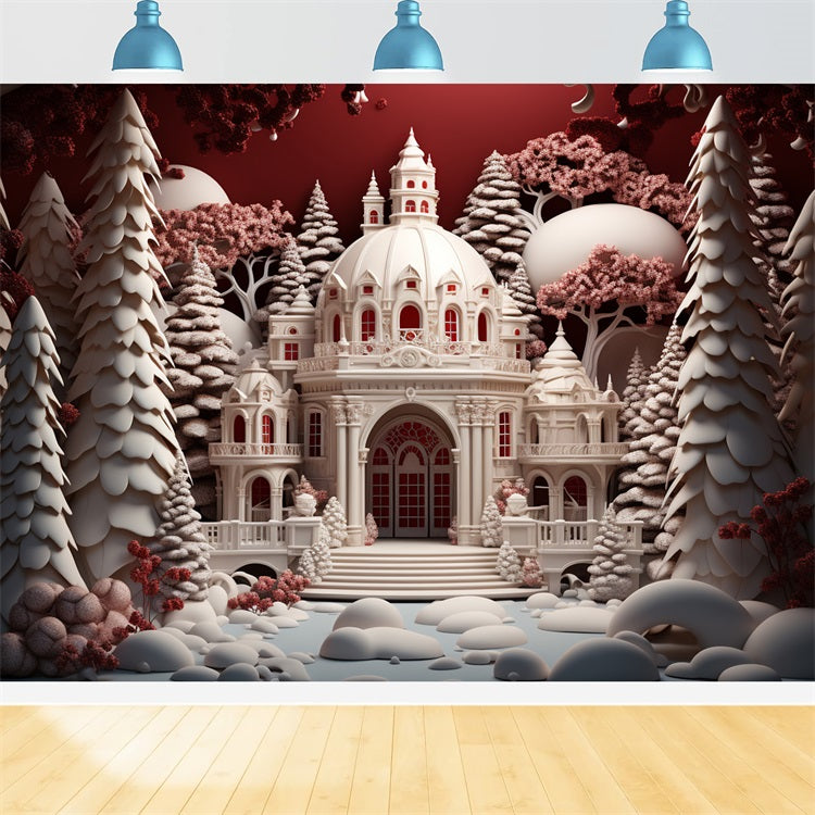 Toile de fond Château de conte de fées au milieu de la forêt enneigée BRP10-24